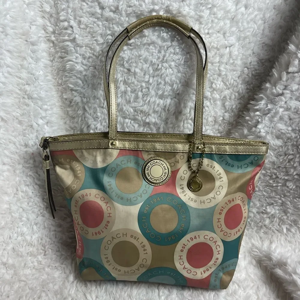 Coach satin scarf print 1941 beige ,khaki,peach & mint green color small tote. - Picture 6 of 16